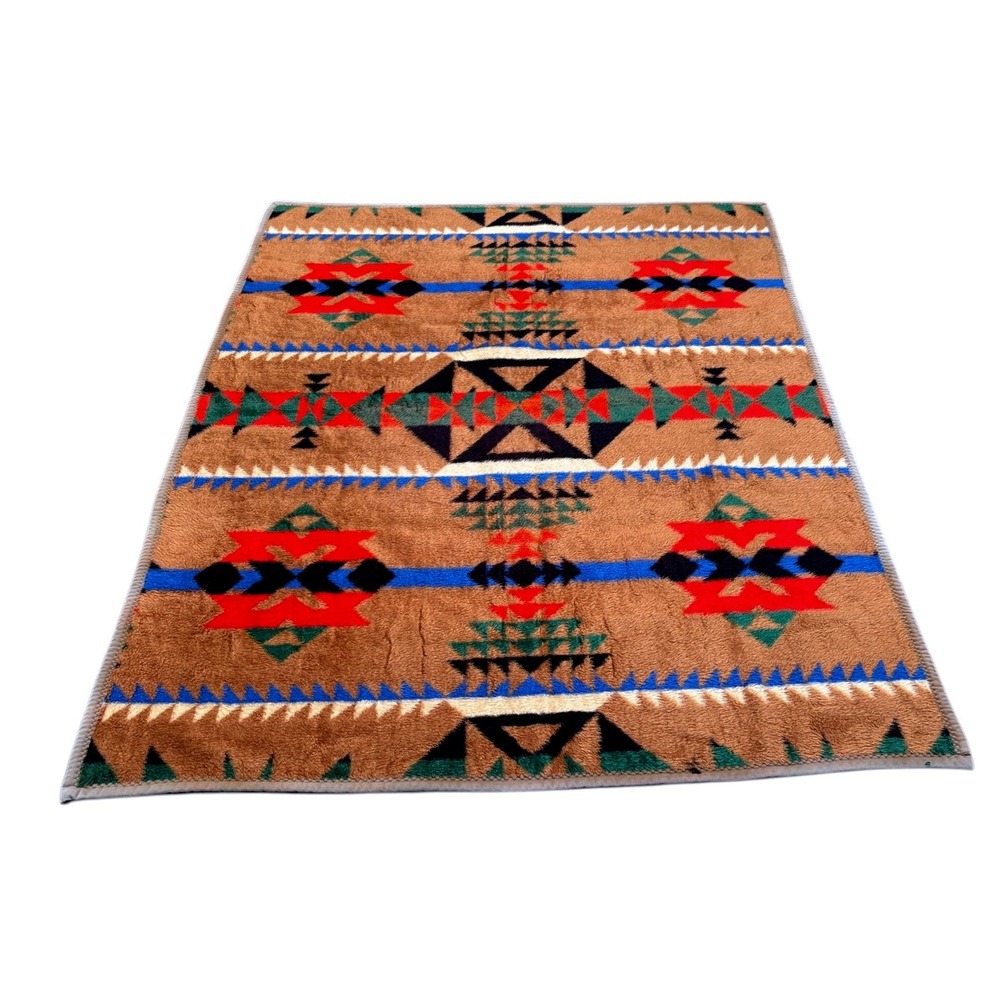 Vintage 1989 Crown Crafts‎ Southwestern Aztec Plush Blanket 60x80 Brown Turkey
